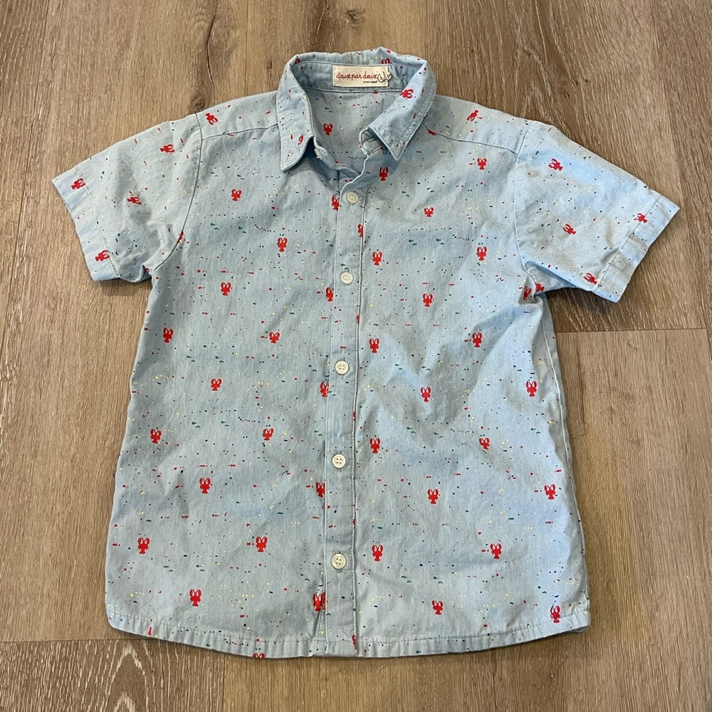 Deux Par Deux Boys Light Blue With Red Lobsters Button Up Shirt Size 5